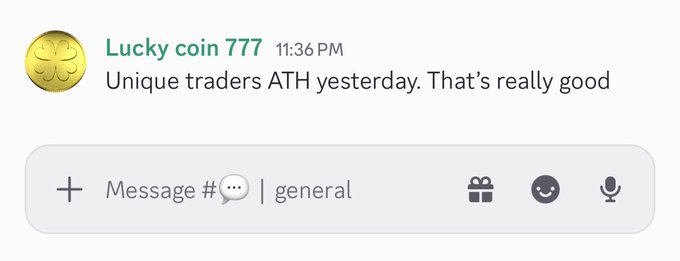 A screenshot of a Telegram message from a user named "Lucky coin 777" at 11:36 PM in the "general" channel reads, "Unique traders ATH yesterday. That's really good."