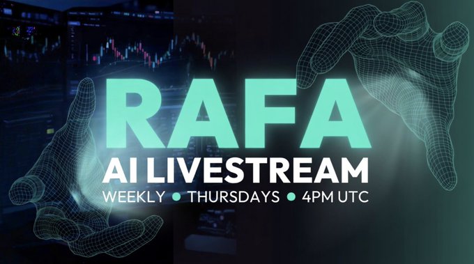 Promotional graphic for "RAFA AI LIVESTREAM" airing weekly on Thursdays at 4 PM UTC, featuring a futuristic teal design with wireframe hands and crypto trading charts in the background, aligning with the announcement of a livestream with RAFA's CEO discussing options trading amid current crypto market fear and $BTC hovering around $67K.