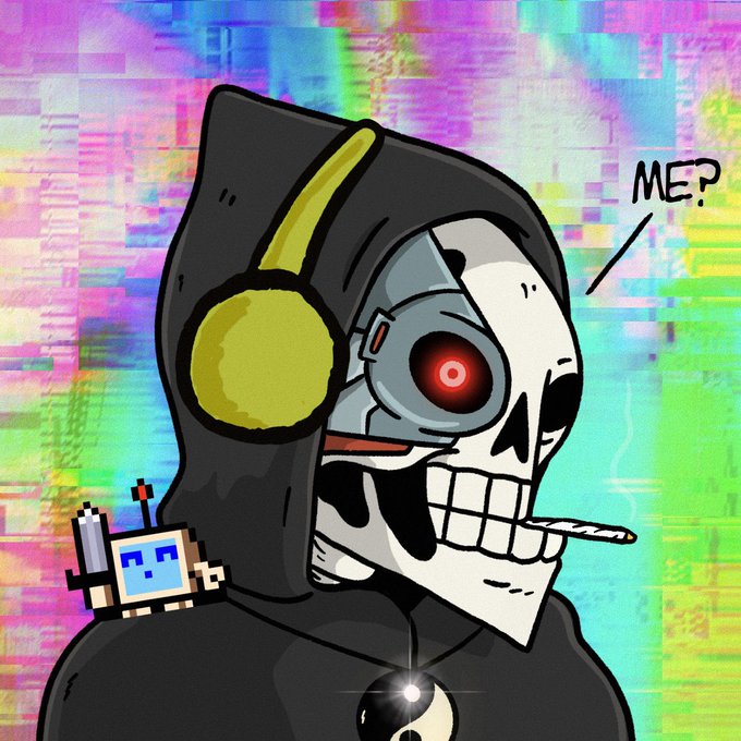 Digital artwork featuring a cyborg skull in a dark hood with yellow headphones, a small pixelated robot character, and the text 'ME?' on the side.