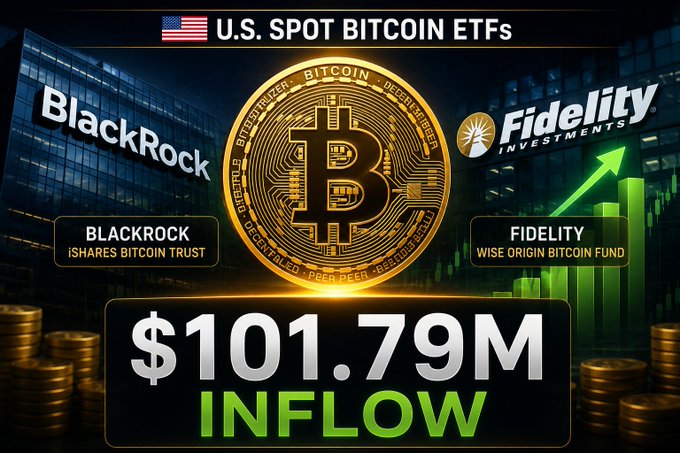 U.S. Spot Bitcoin ETFs saw a combined $101.79M in inflows, with BlackRock's iShares Bitcoin Trust and Fidelity's Wise Origin Bitcoin Fund among the major issuers attracting fresh institutional capital. The image highlights this figure alongside the Bitcoin logo and rising green bar charts, visually reinforcing the renewed momentum and growing demand for Bitcoin exposure through regulated ETFs.