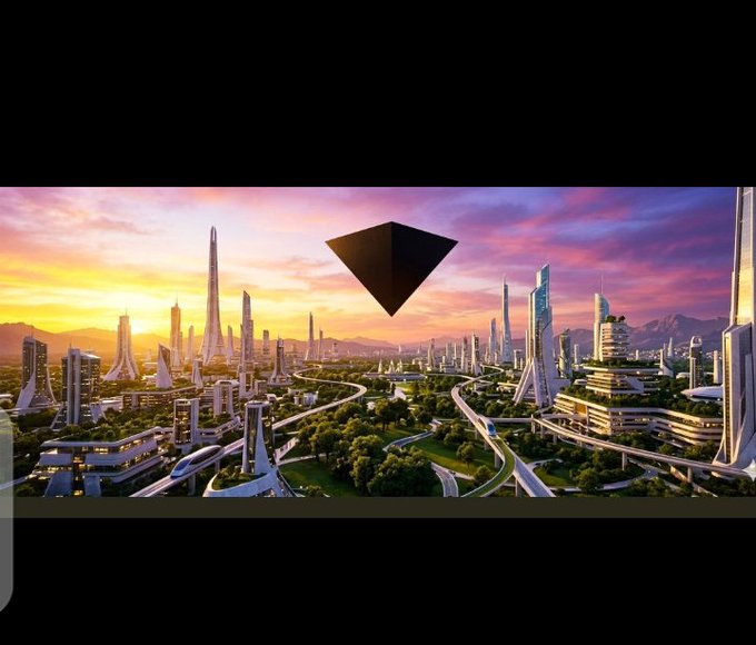 A futuristic utopian cityscape at sunset with sleek skyscrapers and green spaces, featuring a black diamond-shaped crypto logo floating in the sky.