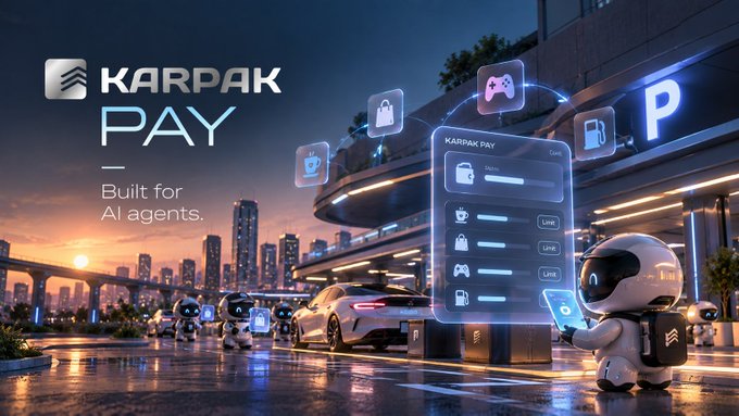A futuristic promotional image for 'KARPAK PAY' featuring the tagline 'Built for AI agents,' showing small robots at a city gas station using a holographic payment interface.