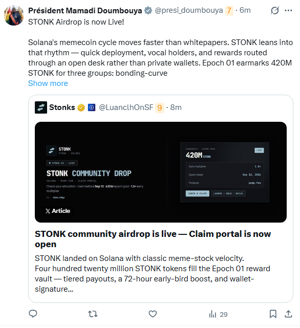 A Twitter/X post by 'Président Mamadi Doumbouya' (@presi_doumbouya) announcing 'STONK Airdrop is now Live!', sharing details about a Solana-based memecoin community drop of 420M STONK tokens with a 72-hour early multiplier, quoting a post by @LuanchOnSF.