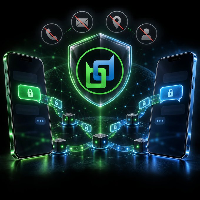 Digital illustration showing two smartphones flanking a glowing shield with a logo, connected by secured chains and data streams, with icons indicating blocked calls, emails, and contacts.
