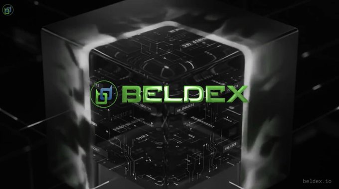 A dark tech-themed graphic showing a 3D cube with circuit board patterns inside, featuring the green 'BELDEX' logo and the website 'beldex.io'.