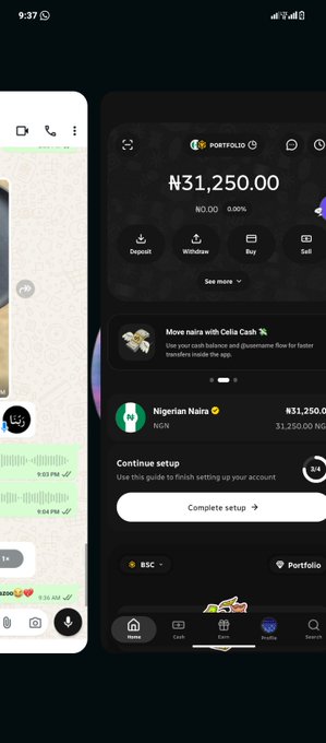 A mobile phone screenshot showing a cryptocurrency app with a portfolio balance of '₦31,250.00', a 'Nigerian Naira' account, and various options like Deposit, Withdraw, Buy, and Sell.