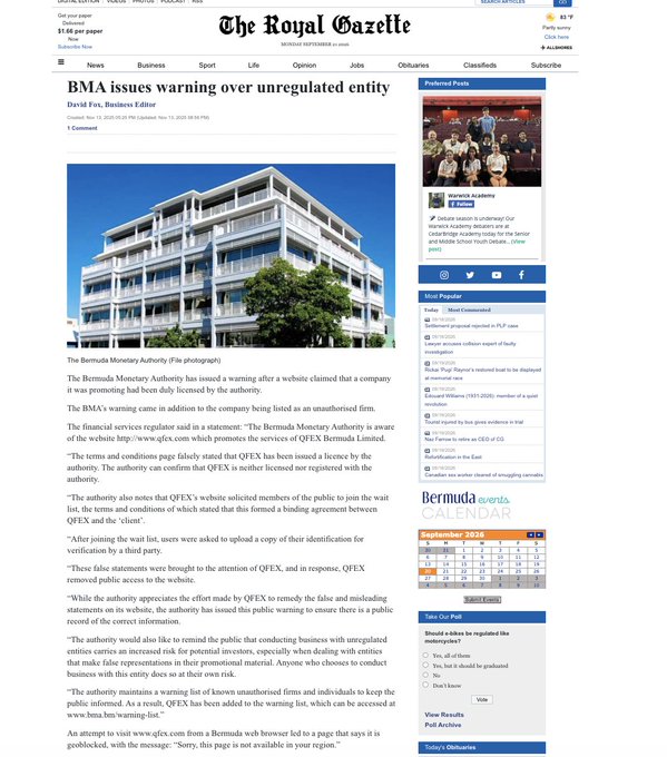A Royal Gazette news article by David Fox titled 'BMA issues warning over unregulated entity,' featuring a photo of the Bermuda Monetary Authority building and warnings about QFEX and Bermuda Cyber Rescue Ltd.