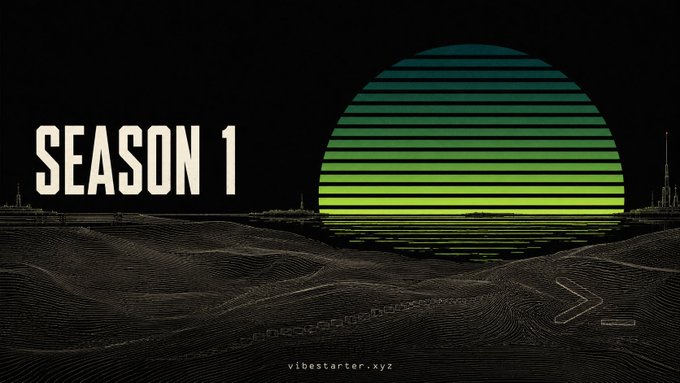 A dark stylized graphic featuring a green striped circular sun over a wireframe landscape, with 'SEASON 1' text on the left and 'vibestarter.xyz' at the bottom.
