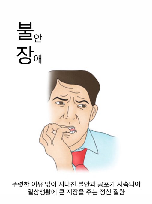 A Korean mental health illustration with text '불안 장애' (Anxiety Disorder) at the top and a description at the bottom, depicting an anxious man biting his nails.