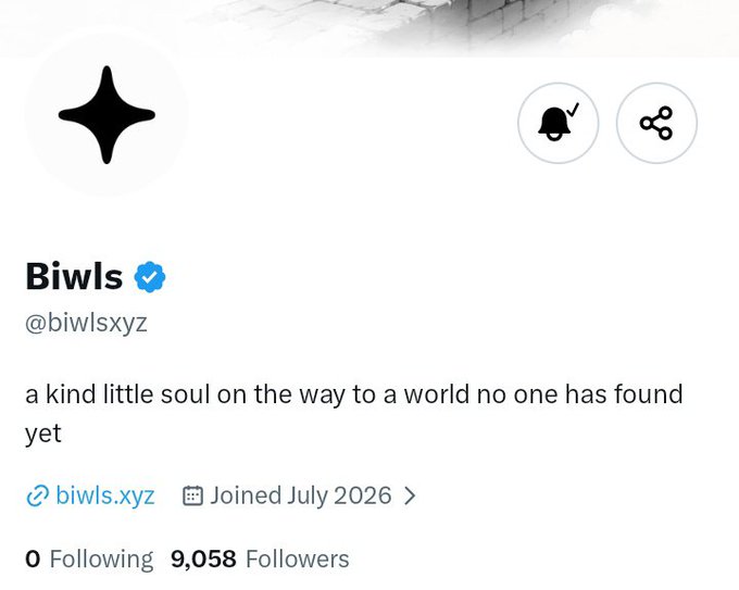 Profile page for 'Biwls' (@biwlsxyz), showing a bio reading 'a kind little soul on the way to a world no one has found yet', a link to biwls.xyz, a join date of July 2026, and 9,058 followers.