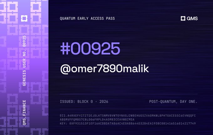 A purple and dark blue digital 'Quantum Early Access Pass' card from QMS Finance for user #00925 (@omer7890malik), issued Block 0, 2026, featuring cryptographic keys and a Genesis User No. of 00925.