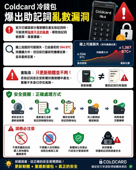 An informational graphic in Chinese warning about a mnemonic leak vulnerability in Coldcard Mk4 cold wallets, showing potential losses of 1,367 BTC+ and detailing safe handling procedures.
