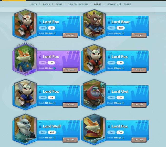 A user interface for a blockchain game displaying a collection of locked NFT 'Lords' (Lord Fox, Lord Boar, Lord Owl, Lord Wolf) with their respective streak days and 'UNSTAKE' buttons.