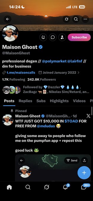 A Twitter/X profile for Maison Ghost (@MaisonGhost) shows 1.7K Following, 242.8K Followers, and a pinned tweet about winning $10,000 in STOAD for free from @mududas.