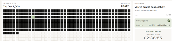 A web interface showing a "Waiting list" page for "The first 1,000" with a minting success message, a whitelist price of 0.15 ETH, and a timer at 02:38:55.