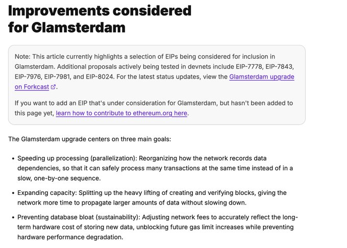 A documentation page titled 'Improvements considered for Glamsterdam' detailing three main goals: Speeding up processing, Expanding capacity, and Preventing database bloat.