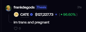 A dark social media post from 'frankdegods' showing a 'GATE' token thumbnail with a value of '$127,227.73' and a '+96.60%' gain, with the caption 'im trans and pregnant'.