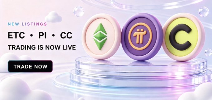 The image is a promotional banner announcing new cryptocurrency listings, featuring three colorful 3D coin icons for ETC (Ethereum Classic), PI (Pi Network), and CC on a glass pedestal, with the text "NEW LISTINGS - ETC • PI • CC - TRADING IS NOW LIVE" and a "TRADE NOW" button. This directly supports the accompanying post by visually showcasing the newly available trading pairs that the user announced were going live on SolCex.