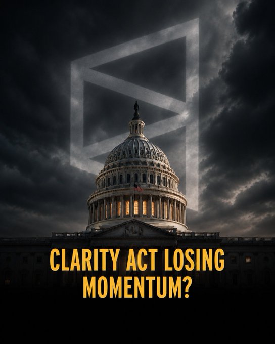 A dramatic image of the U.S. Capitol building against a stormy sky, overlaid with a large translucent 'no' symbol and yellow text reading 'CLARITY ACT LOSING MOMENTUM?'.