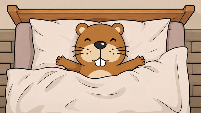 A cartoon beaver happily stretches in bed under a white blanket, perfectly matching the "GM" (good morning) post about "$Chonketha" making big moves this week.