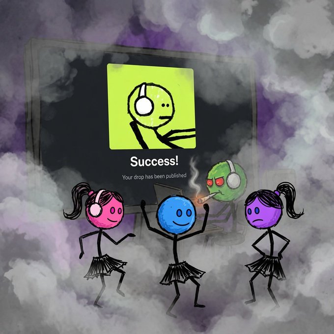 An illustration features four stick-figure characters in tutus (pink, blue, green wearing headphones and smoking, and purple) dancing in front of a screen displaying 'Success! Your drop has been published' with a yellow icon.