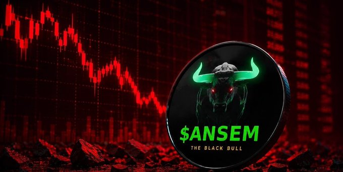 The image shows a circular badge or token featuring a black bull with glowing green horns, labeled "$ANSEM" and "THE BLACK BULL," set against a dramatic red background of crashing stock chart candles and rocky terrain.

The image depicts the "$ANSEM" token branding with "THE BLACK BULL" tagline, visually reinforcing the post's message about how the BullpenFi points distribution rewards $ANSEM holders through active participation and token weighting.