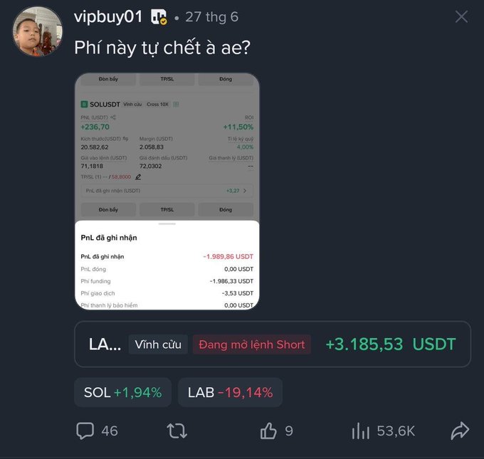 A Vietnamese-language social media post by user 'vipbuy01' showing a SOL/USDT perpetual position with a -1,989.86 USDT realized PnL, asking 'Phí này tự chết à ae?' (Is this fee killing us, guys?).