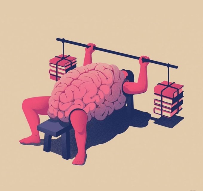 A surreal digital illustration of a figure with a large exposed pink brain for a torso, performing a bench press while lifting a barbell with stacks of books on each end.