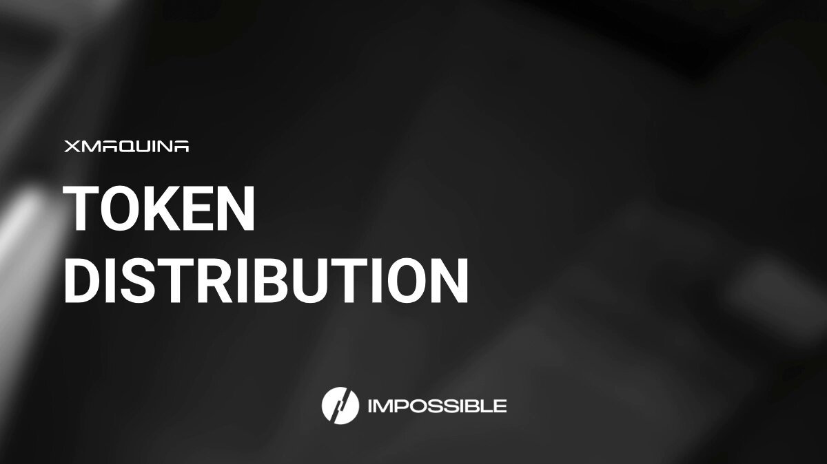 The image presents a promotional advertisement for an Xmaquina token distribution platform. The background of the ad is black with white text reading "Xmaquina", followed by "Token Distribution" written in capital letters, and "Updating". The text continues below that reads "34% of the $DEUS allocation will be irdropped to purchase wallets today, May ... 2 PM UTC. The remaining 67% will vest linearly over 12 months via the IMPOSSIBLE website starting at 2 PM UTC." The image also includes a watermark on the lower right corner which reads "imperfectible".
