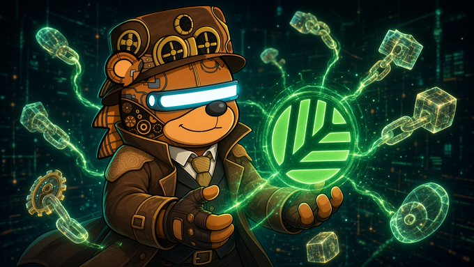 A steampunk-style illustrated bear character wearing a top hat with goggles, glowing blue visor, and trench coat, holding a glowing green sphere with a leaf emblem surrounded by floating blockchain chain links.
