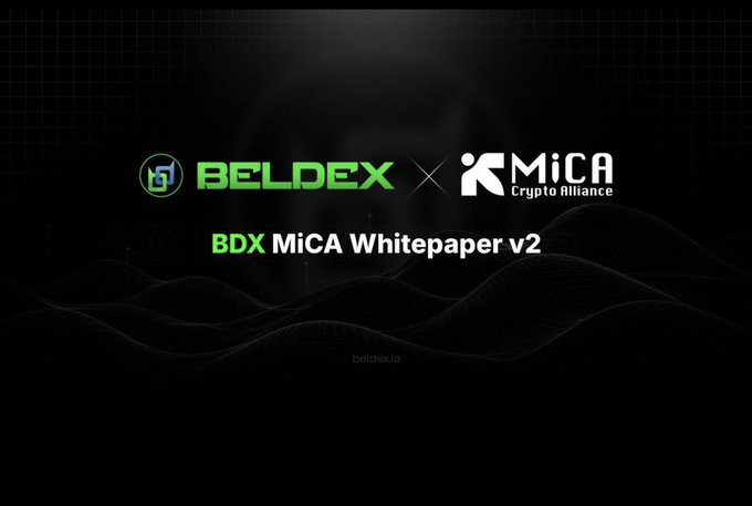 A dark promotional graphic displaying the logos for 'BELDEX' and 'MiCA Crypto Alliance' with the text 'BDX MiCA Whitepaper v2' and 'beldex.io' at the bottom.