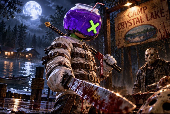 A horror-themed scene at 'Camp Crystal Lake' featuring a character with a purple fishbowl for a head and a green 'X' over their face, holding a machete, with Jason Voorhees visible in the background.