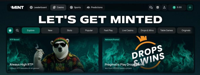 The image shows the homepage of PlayOnMint (MINT), an online casino platform featuring a "LET'S GET MINTED" banner with navigation options including Leaderboard, Casino, Sports, and Predictions, alongside promotional sections for "Always High RTP" and Pragmatic Play's "DROPS & WINS."

The image relates to the post by visually establishing the PlayOnMint platform where the $MNTD token progression loop begins, showing the casino interface (Slots, Live Casino, Table Games) where users would play to accumulate XP and engage with the broader MINT ecosystem.