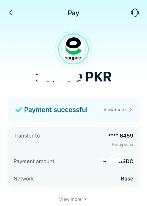A mobile payment app confirmation screen for Easypaisa showing a successful transfer of USDC on the Base network to an account ending in 6459.