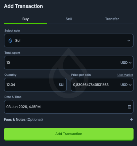 The image presents a close-up view of a screen displaying a trading app, specifically for Sui coins. The main focus is an information panel within the app that allows users to add transactions. In this particular case, the app is used for buying and selling Sui coins. A note on the screen indicates that it is time to add a transaction. An additional text informs us about SUI's daily accumulation in USDC terms.