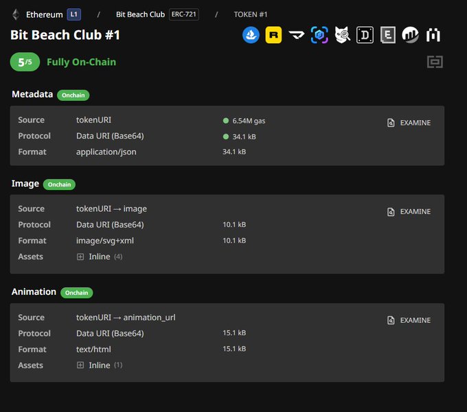 A screenshot from an NFT analytics platform displaying details for "Bit Beach Club #1" (ERC-721) on Ethereum, showing it is a Fully On-Chain token with metadata (6.54M gas, 34.1 kB), an image (10.1 kB), and an animation (15.1 kB) all stored directly on-chain. The image supports the post's enthusiasm by demonstrating the NFT's fully on-chain storage—a technically impressive and rare feature that validates the claim that collectors may be undervaluing the project.