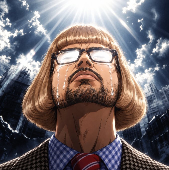 An anime-style illustration of a man with a brown bob haircut and glasses, crying with tears streaming down his face against a dramatic, cloudy sky background.