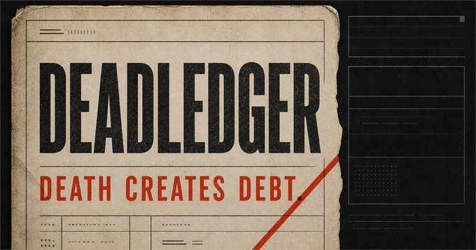 A graphic design with a distressed paper texture on the left displays the bold text "DEADLEDGER" and the tagline "DEATH CREATES DEBT." in red, next to a dark interface panel on the right.