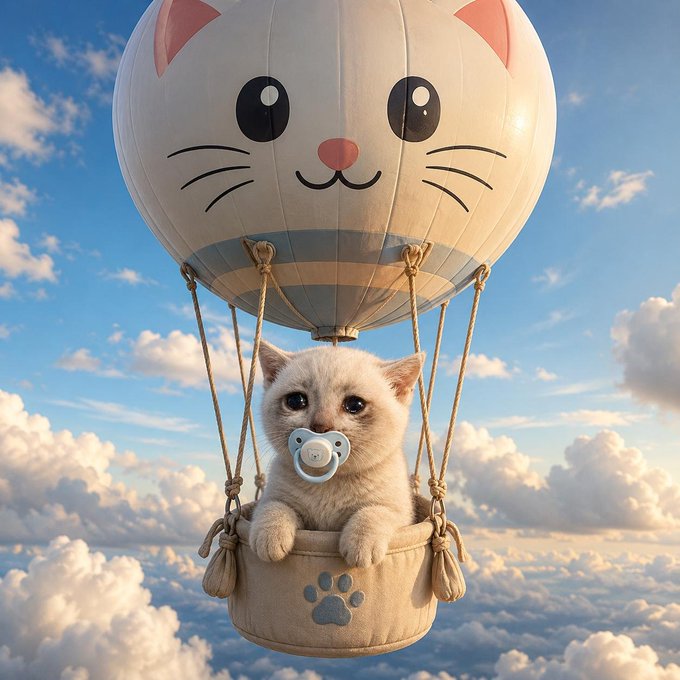 An AI-generated illustration of a white kitten with a pacifier riding in a hot air balloon decorated like a cat's face, floating above clouds.