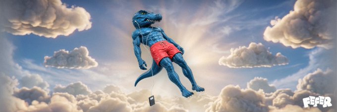 A surreal image shows a blue T-Rex wearing red swim trunks floating among clouds in the sky, tethered by a string to a small object below, with a 'FEVR' logo in the corner.