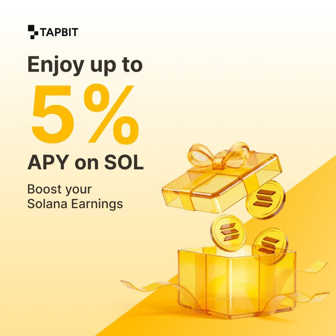 A promotional ad for Tapbit featuring 3D golden gift boxes and Solana (SOL) coins, highlighting "up to 5% APY on SOL" to encourage users to boost their Solana earnings through deposits and subscriptions.
