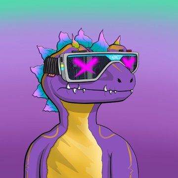 A digital illustration of a purple and yellow dragon wearing futuristic VR goggles with pink star-shaped lenses against a purple-to-teal gradient background.