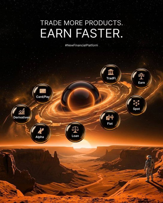 A promotional graphic for a financial platform featuring a black hole and various service icons (TradFi, Earn, Spot, Fiat, Loan, Alpha, Derivatives, Card/Pay) with the text 'TRADE MORE PRODUCTS. EARN FASTER.' and hashtag '#NewFinancialPlatform'.