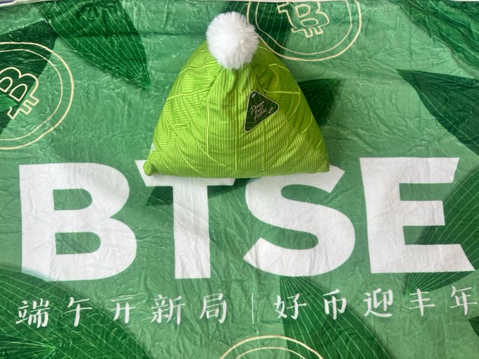 The image features a green banner with white text that reads "BTSE" along with some Chinese characters, possibly indicating an event or promotion related to BTSE. A small green stuffed animal, likely a pom-pom hat, is placed on top of the banner. The combination of the green banner and the pom-pom hat creates a visually appealing scene that could be associated with a BTSE event or promotion in China.

The image also contains some Chinese characters which might provide additional context about the event or promotion. Overall, the scene is an interesting blend of colors and symbols, capturing attention and inviting further exploration into what this green banner and pom-pom hat could represent.