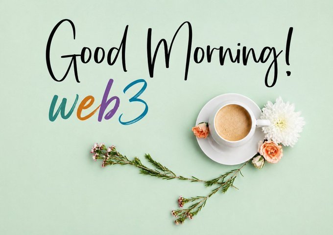 "Good Morning! web3" written in colorful handwritten text over a soft green background, accompanied by a cup of coffee and delicate peach and white flowers.

The image aligns with the post's cheerful morning greeting to "mutuals," with the coffee cup visually reinforcing the well-rested theme mentioned in the accompanying caption.