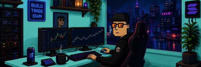 A pixel art illustration of a trader wearing glasses and a cap, working at a multi-monitor setup showing stock charts, with a 'BUILD TRADE OWN' neon sign and a cityscape view at night.