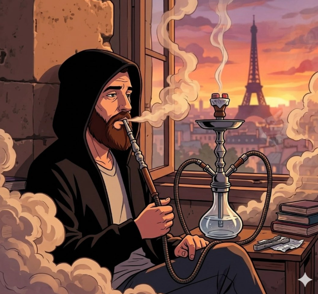 An anime-style illustration of a hooded bearded man smoking a hookah while looking out a window at the Eiffel Tower in Paris at sunset.