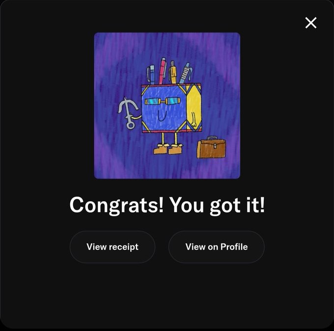 A digital confirmation screen displaying 'Congrats! You got it!' above 'View receipt' and 'View on Profile' buttons, featuring a child's drawing of a blue and yellow character with pens on its head next to a brown briefcase.