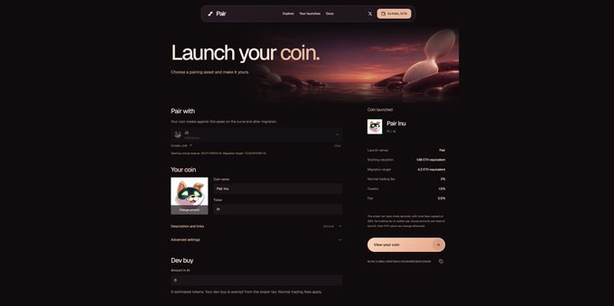 A website interface titled 'Launch your coin' with the Pair logo, showing fields to pair with AI, name a coin 'Pair me', and display a cat image, with 'View your coin' and 'Dev buy' options.
