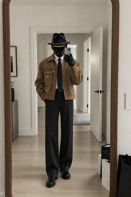 A mirror selfie of a person wearing a stylish outfit consisting of a brown jacket, black tie, black wide-leg trousers, a black fedora, and a black face mask.